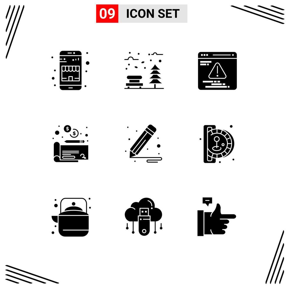 Set of 9 Vector Solid Glyphs on Grid for pencil brush weather payment cheaque Editable Vector Design Elements