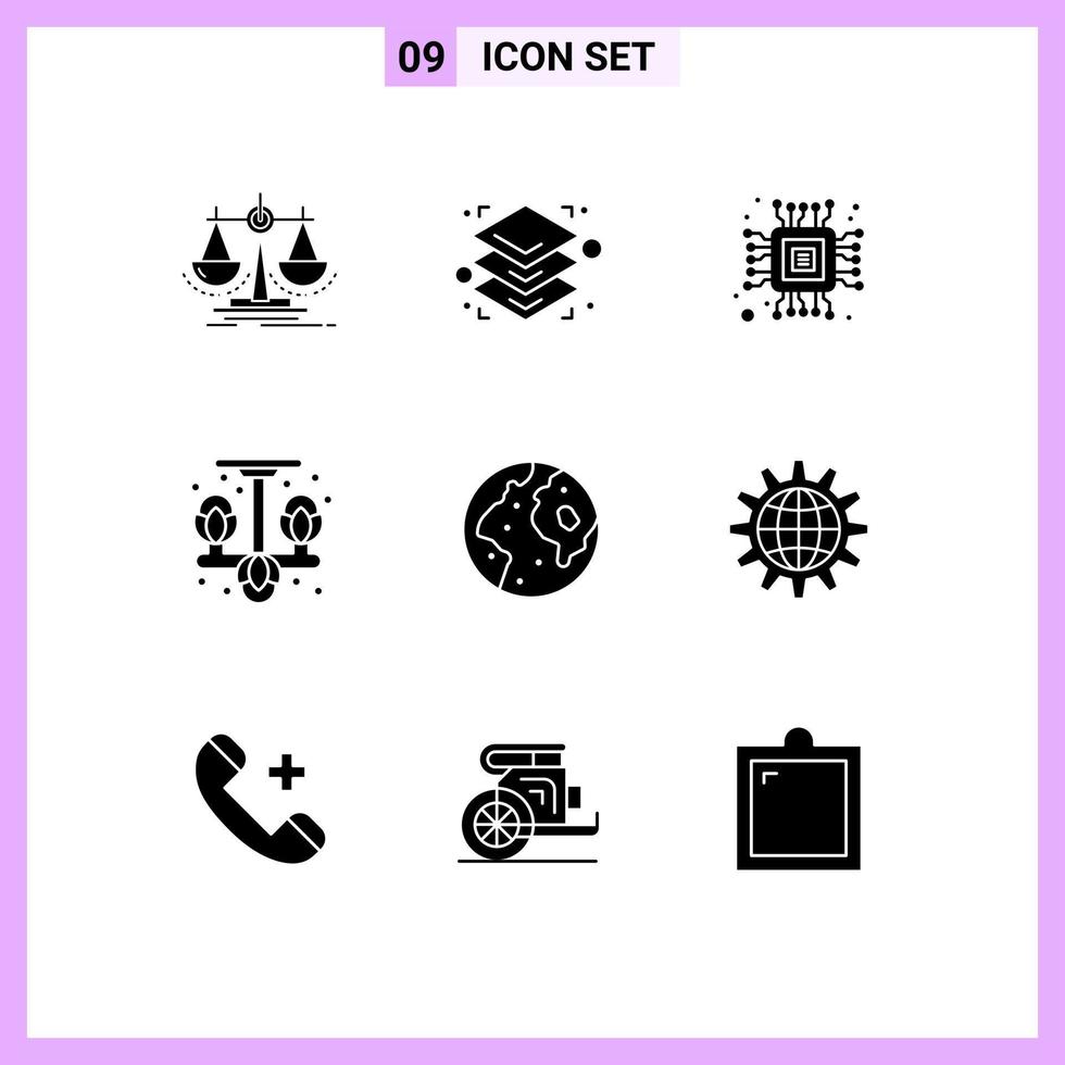 Universal Icon Symbols Group of 9 Modern Solid Glyphs of international earth chip hanger living Editable Vector Design Elements