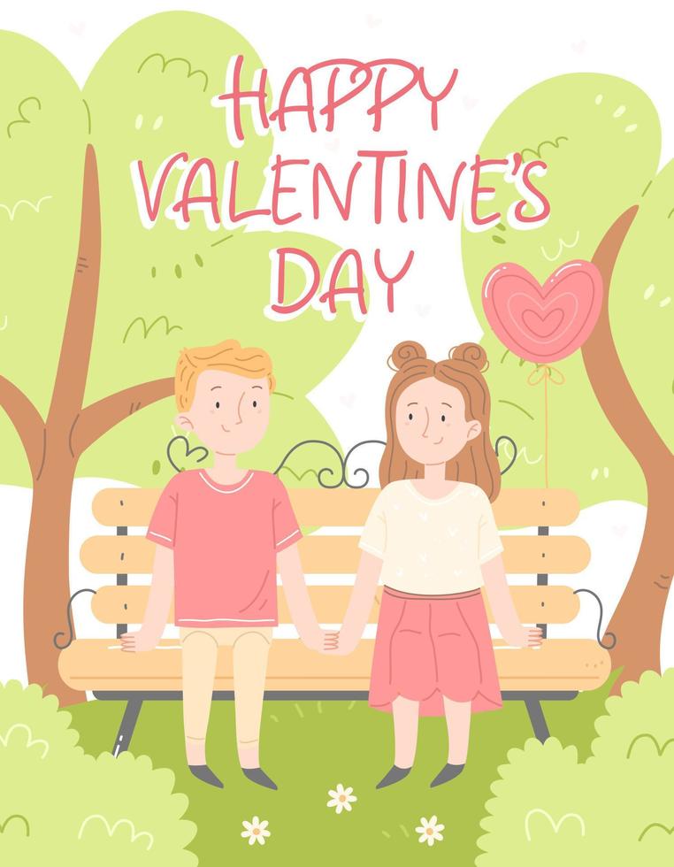 The concept of a Valentine's Day greeting card. Vector illustration in cartoon style. Happy Valentine's day lettering. A boy and a girl on a date in the park. Cute vector illustration.