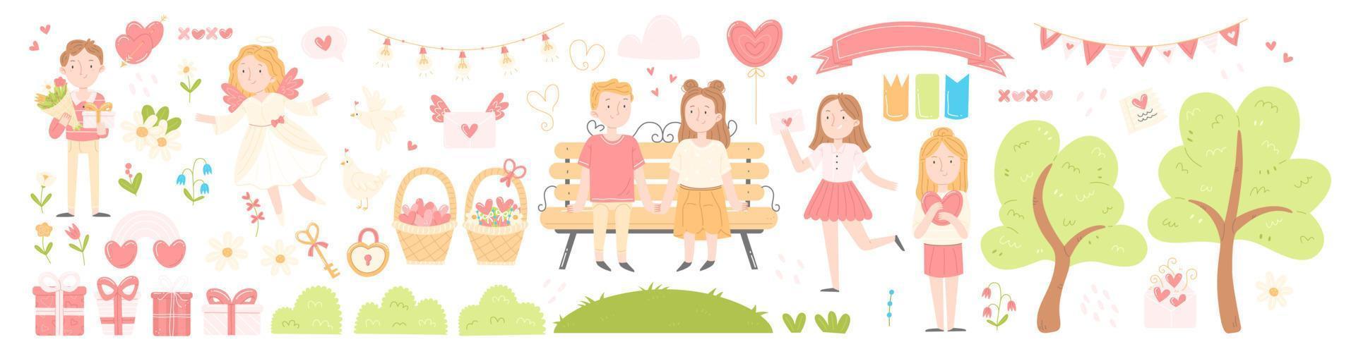 A set of cute cartoon Valentine's day elements. Day of love vector isolated illustration. Characters in love, heart, gift, love letter, date.
