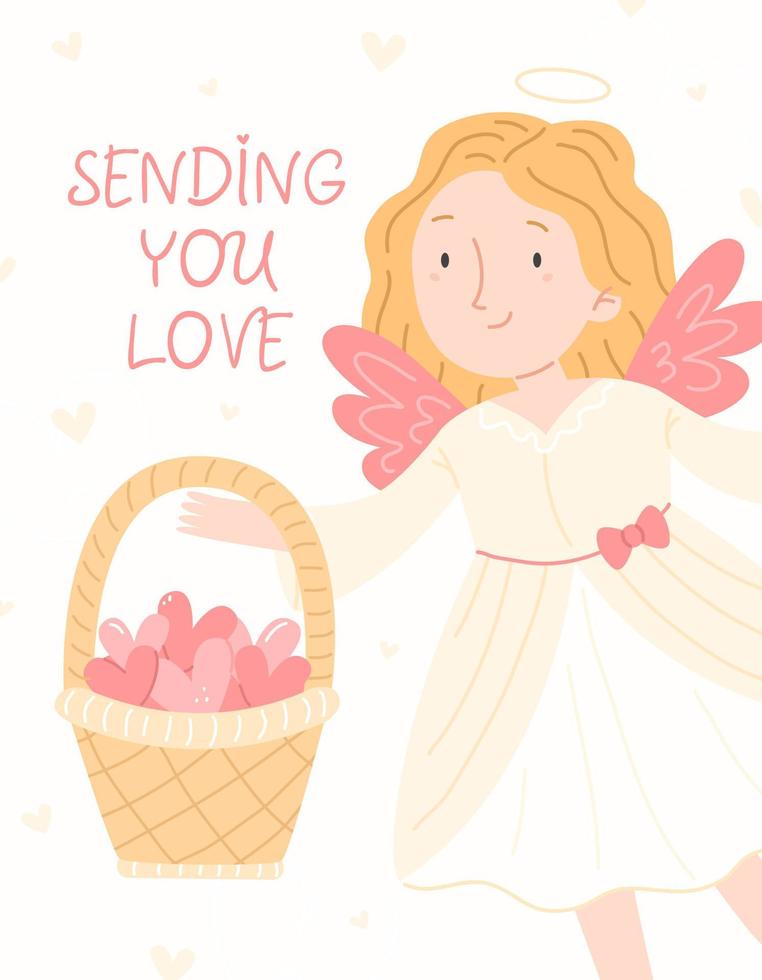 Design concept of a Valentine's day greeting card with a cute angel girl with a basket with hearts and the inscription sending you love. Vector pink vertical illustration.