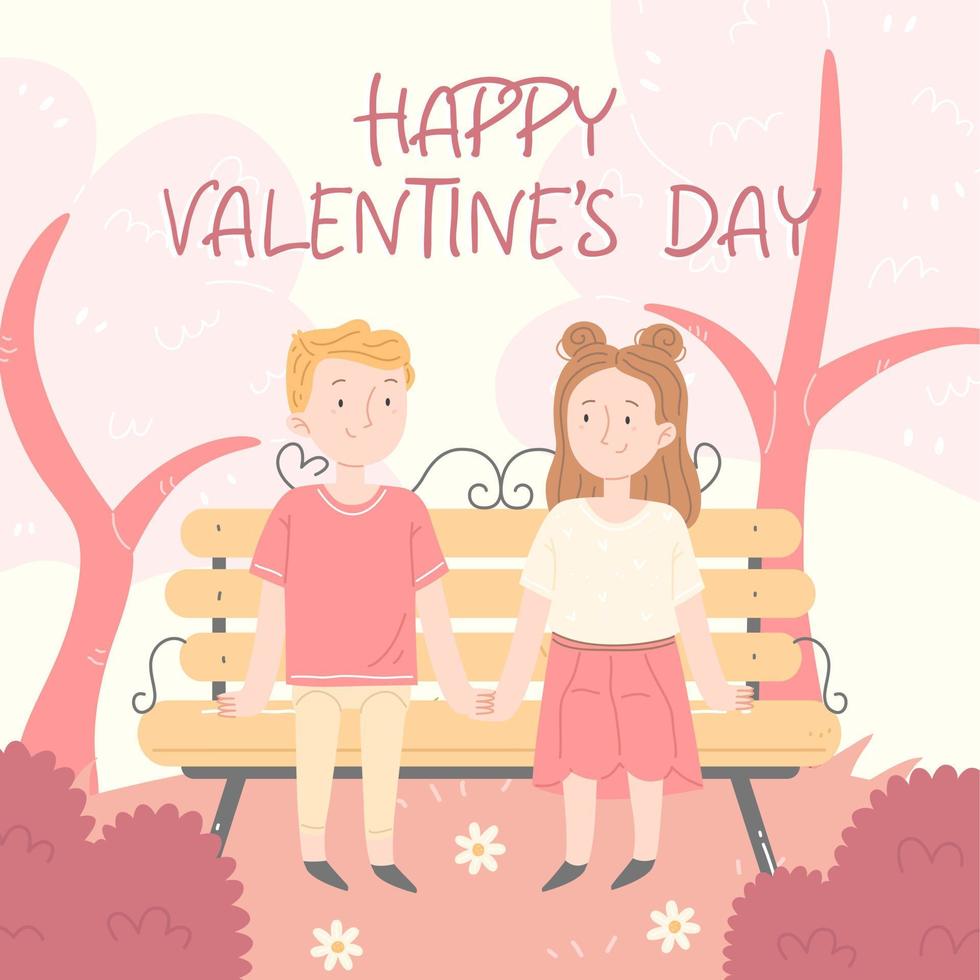 The concept of a Valentine's Day greeting card. Vector illustration in cartoon style. Happy Valentine's day lettering. A boy and a girl on a date. Cute vector square illustration.
