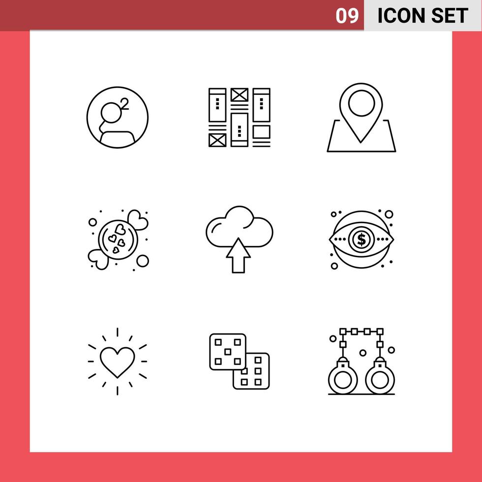 Set of 9 Vector Outlines on Grid for up cloud location sweet love Editable Vector Design Elements