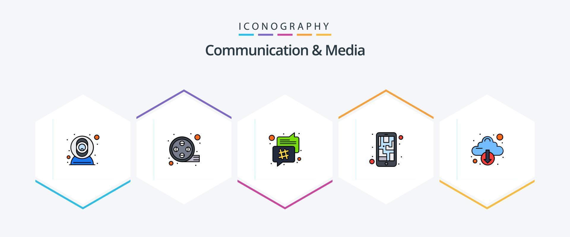 Communication And Media 25 FilledLine icon pack including down. smart phone. chat bubble. phone. map vector