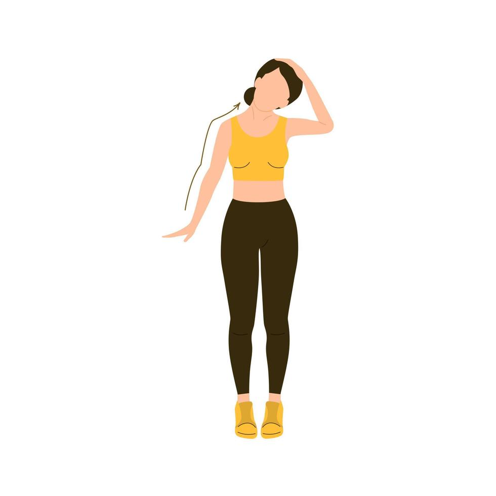Woman demonstrates how to do trapezius and neck stretching. Vector flat illustration. Female exercise isolated on white background. Athletic girl doing exercises