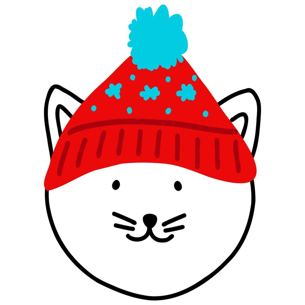 linda cabeza de gato sonriente con sombrero rojo de santa, símbolo dibujado a mano del nuevo año 2023 en estilo doodle, estampado para niños textiles, decoración interior de habitaciones, afiche, pegatina, logo, diseño de moda para bebés. vector