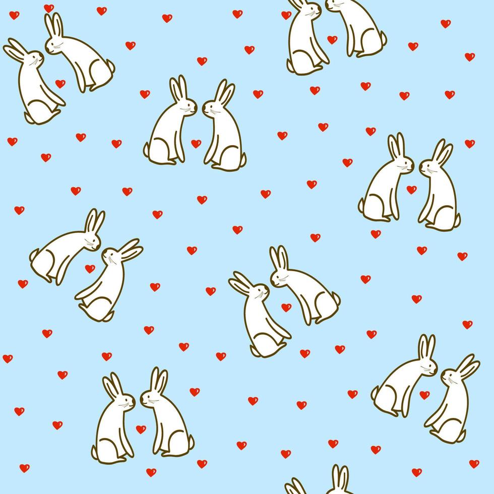 Seamless pattern with cute hand drawn rabbit couples and hearts in doodle style,child illustration with bunny,holiday decoration,print for wrapping paper,Valentines day,romantic bookend,pets in love vector