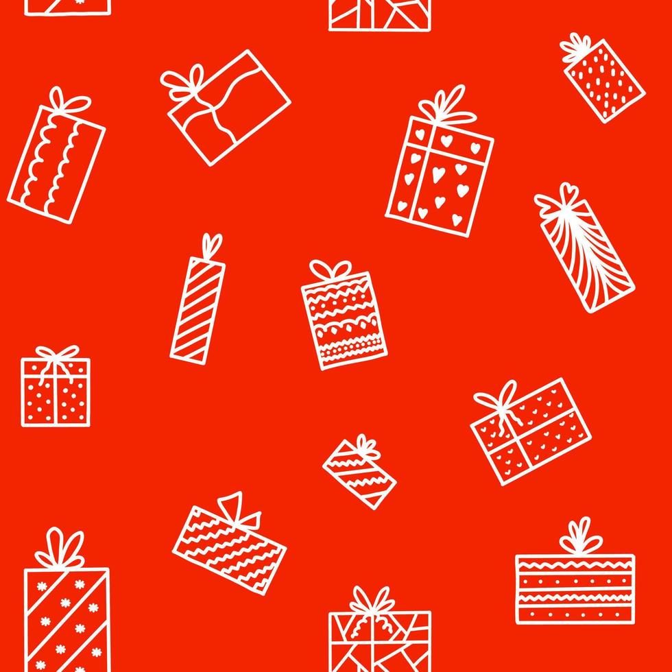 feliz año nuevo y patrón de navidad sin costuras con cajas de regalo de conejo blanco en estilo garabato sobre fondo rojo, impresión para papel tapiz, diseño de portada, embalaje, decoración interior de vacaciones. vector