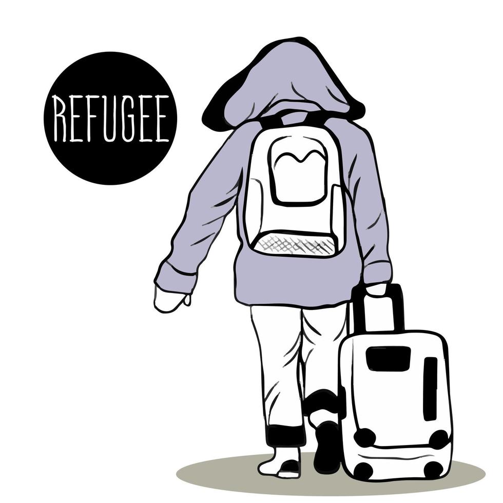 refugee. woman in warm jacket, coat, cardigan and with suitcase on wheels leaves, moves to another place for permanent residence. Danger, being evacuated from combat zone. World Refugee Day. vector