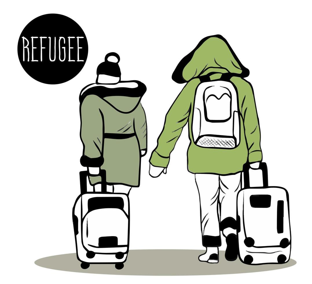 refugiados, migrantes. mujer con chaqueta abrigada, abrigo, cárdigan y maleta con ruedas, se muda a otro lugar. la gente está siendo evacuada de la zona de guerra. día mundial de los refugiados. inmigrantes ilegales. vector