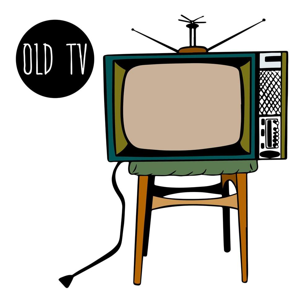 square old TV with an antenna. Antique TV in classic wooden case, sketch style. TV receiver. 80s. Old style technology. image of doodles. vector