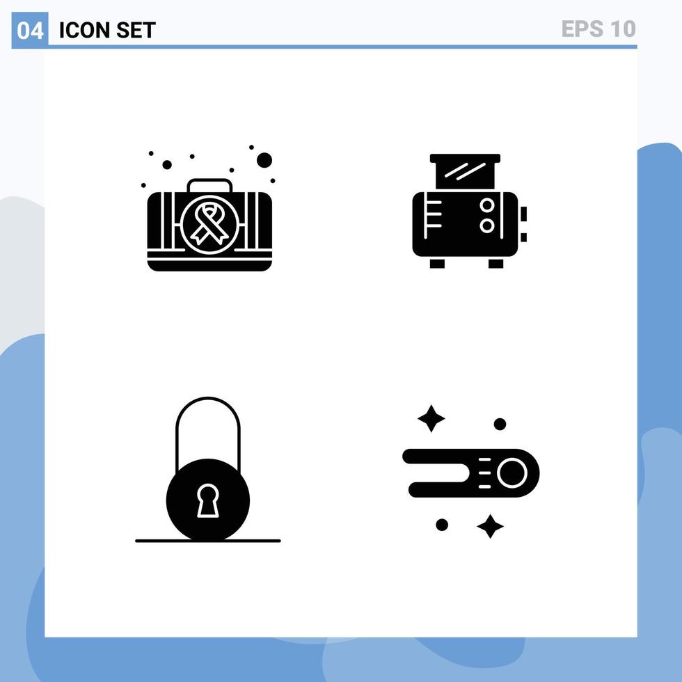 Modern Set of 4 Solid Glyphs Pictograph of first aid padlock medical toaster comet Editable Vector Design Elements