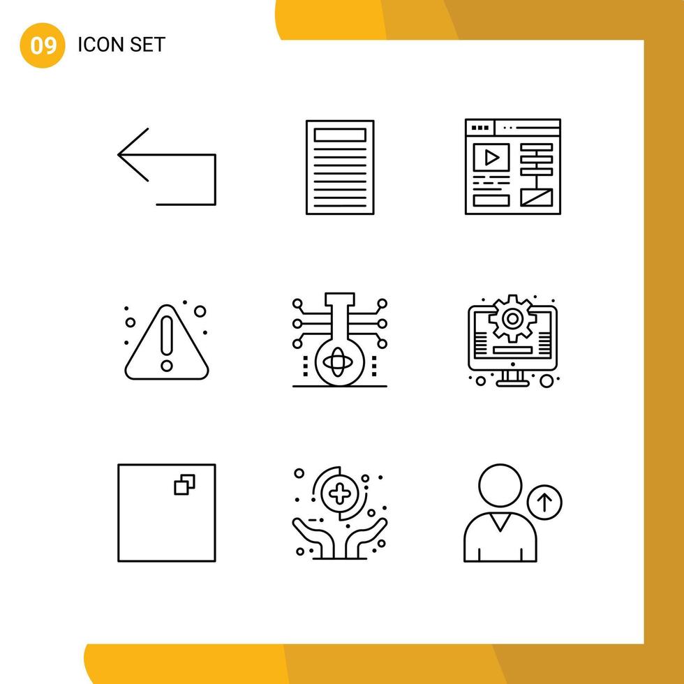 9 User Interface Outline Pack of modern Signs and Symbols of technology molecule video knowledge warning Editable Vector Design Elements