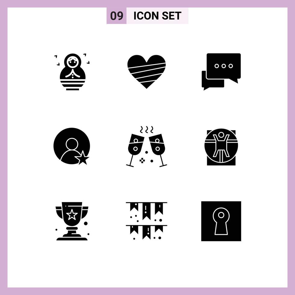 9 Solid Glyph concept for Websites Mobile and Apps virtruvian champagne chat profile rating Editable Vector Design Elements