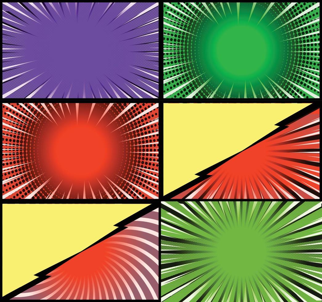 Comic book colorful frames background with halftone rays radial and dotted effects pop art style vector