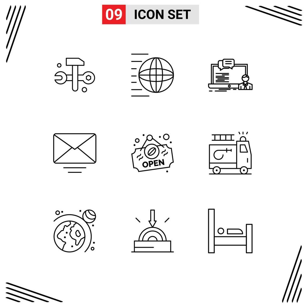 Group of 9 Outlines Signs and Symbols for open mail transport letter computer Editable Vector Design Elements