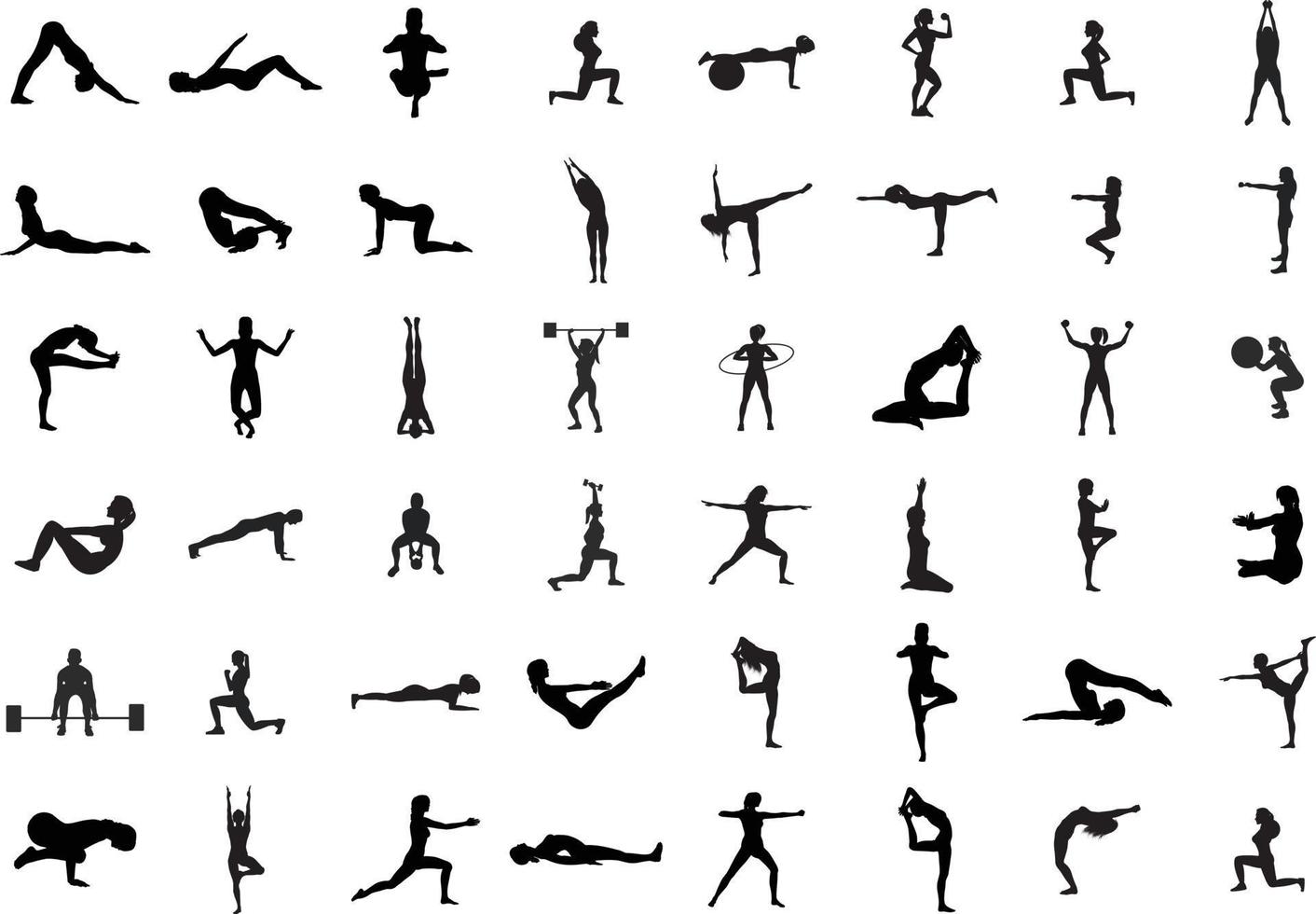 Vector silhouettes of woman practicing yoga and fitness. Shapes of slim girl doing yoga exercises in different poses isolated on white background. Yoga icons.