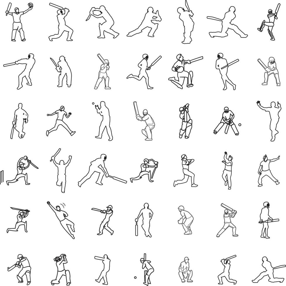 Large collection of silhouettes of cricket player - batsman, bowler and cricket elements. vector