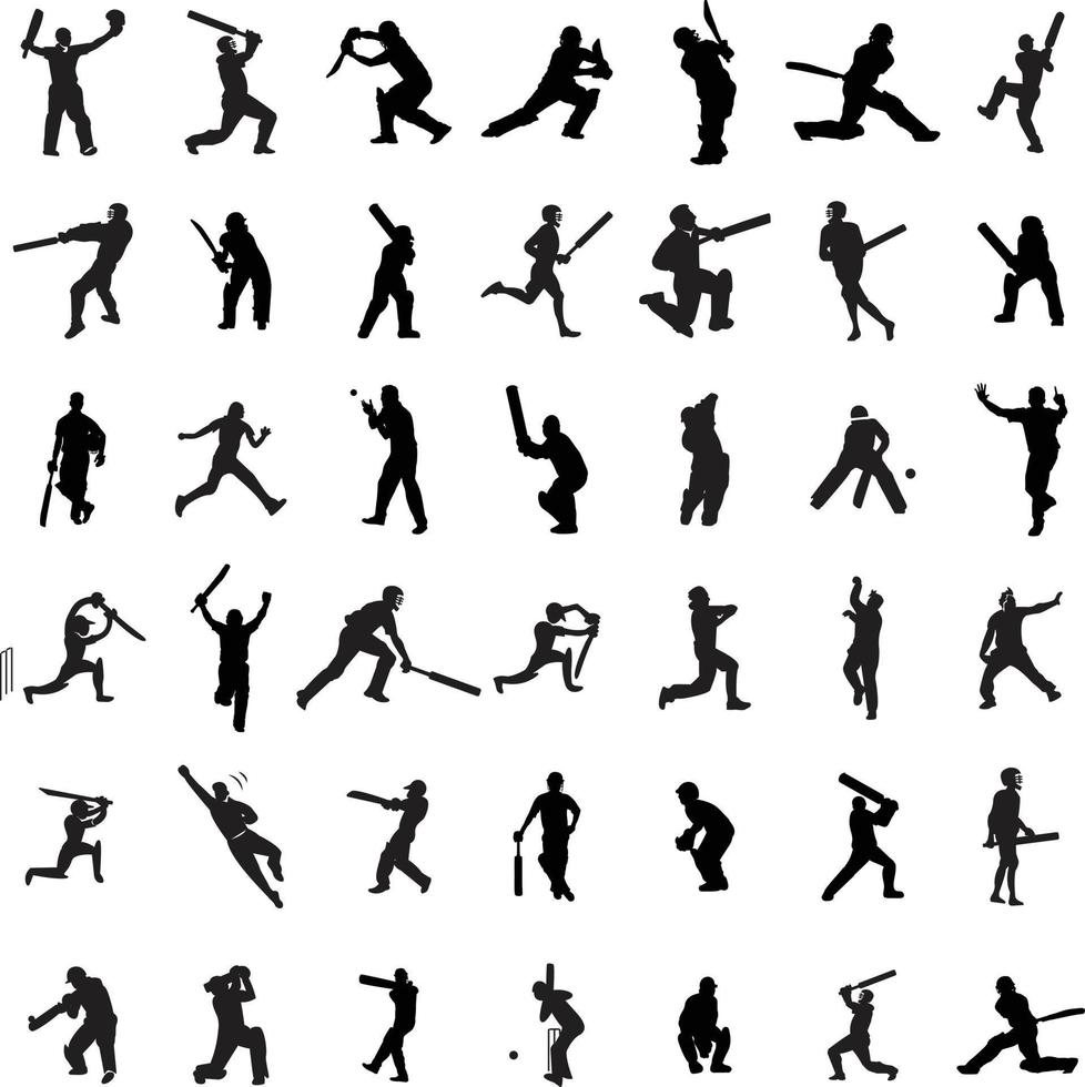 Large collection of silhouettes of cricket player - batsman, bowler and cricket elements. vector