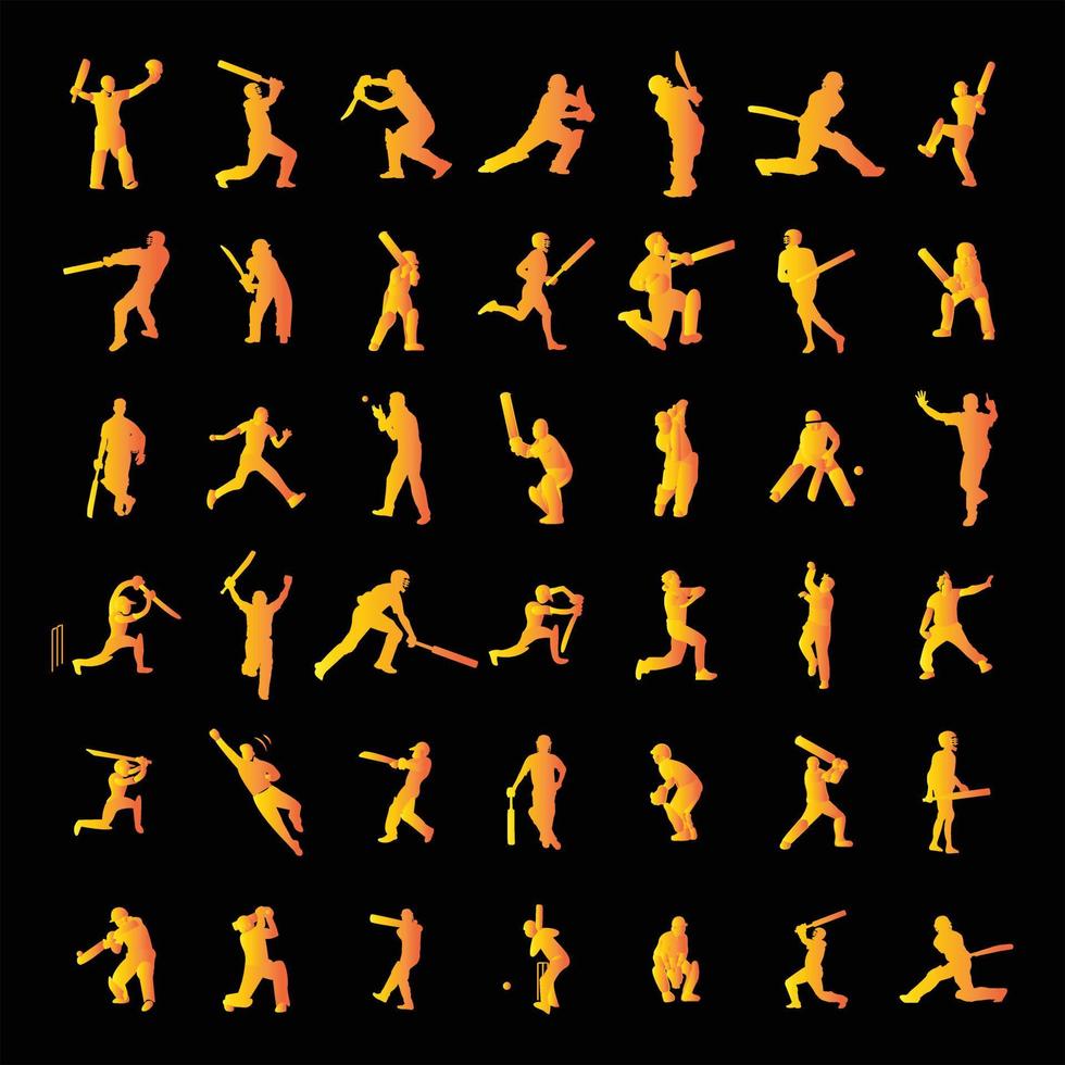 Large collection of silhouettes of cricket player - batsman, bowler and cricket elements. vector