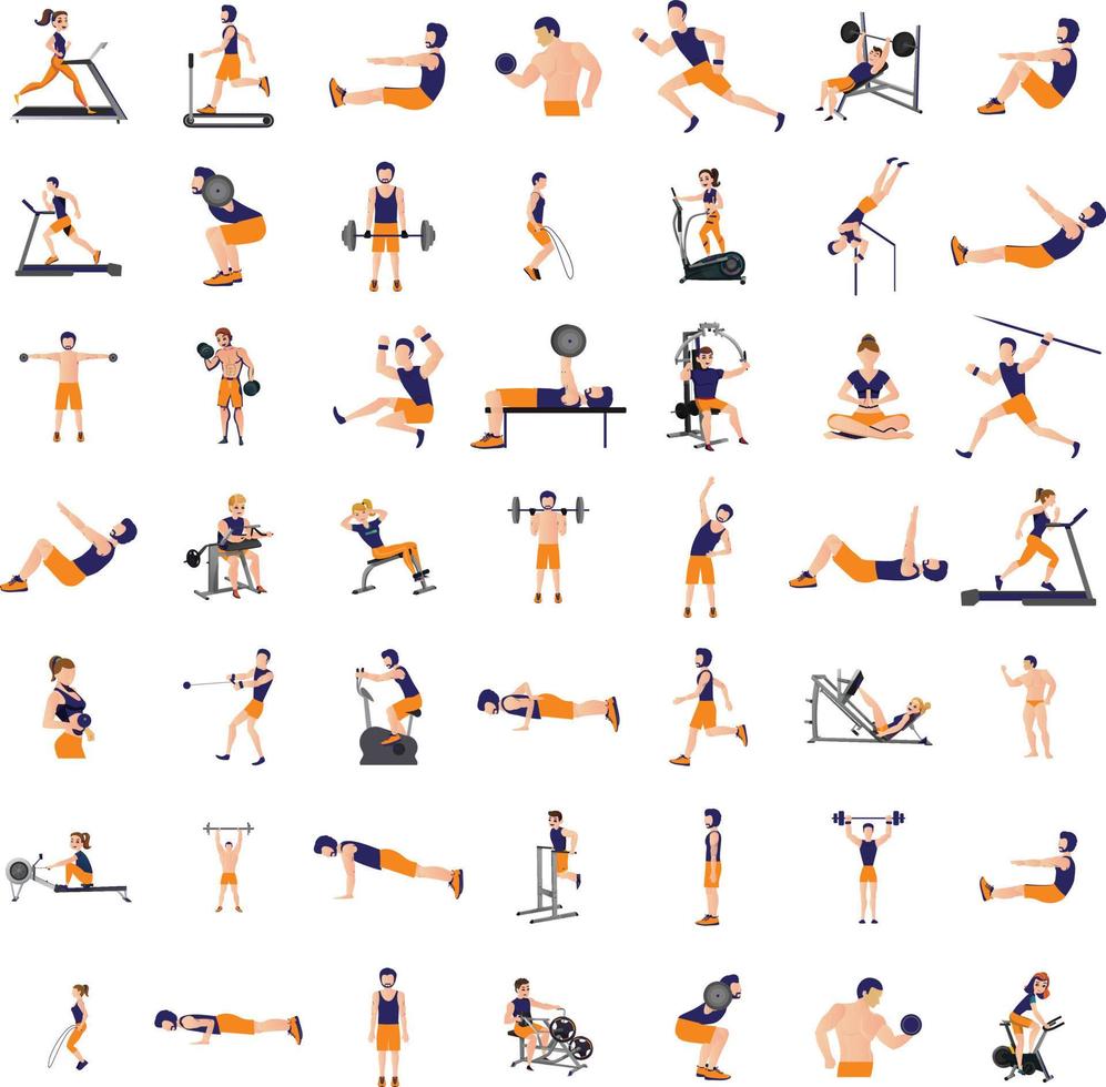 Different cartoon people exercising at modern gym vector flat illustration. Athletic man and woman on training apparatus have various physical exercises enjoy sport activity