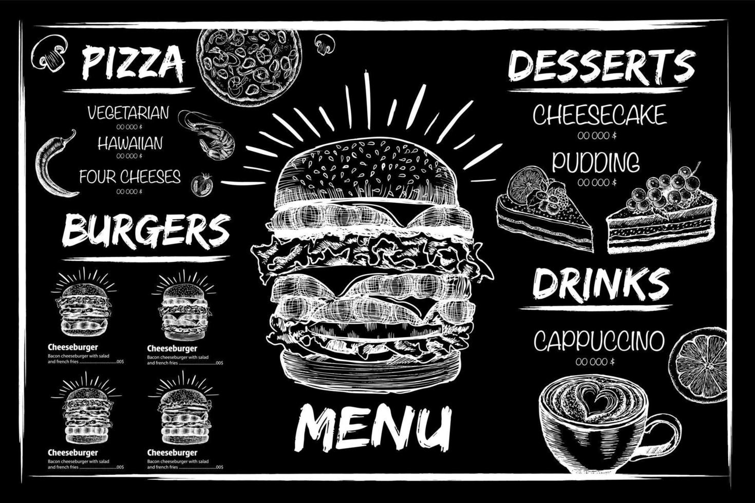 Menu restaurant brochure. Flyer with hand-drawn graphic. vector