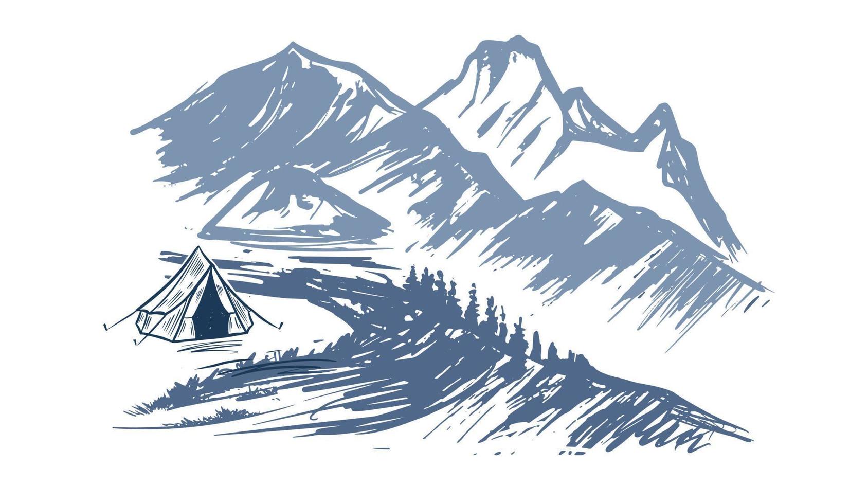 Camping in nature, mountains, hand drawn illustrations vector