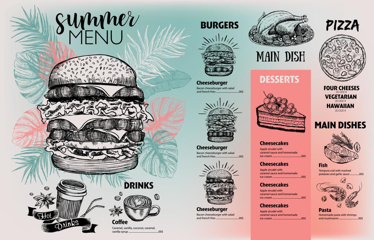 Summer menu. Restaurant food menu design, hand drawn illustrations. Vector food flyer.
