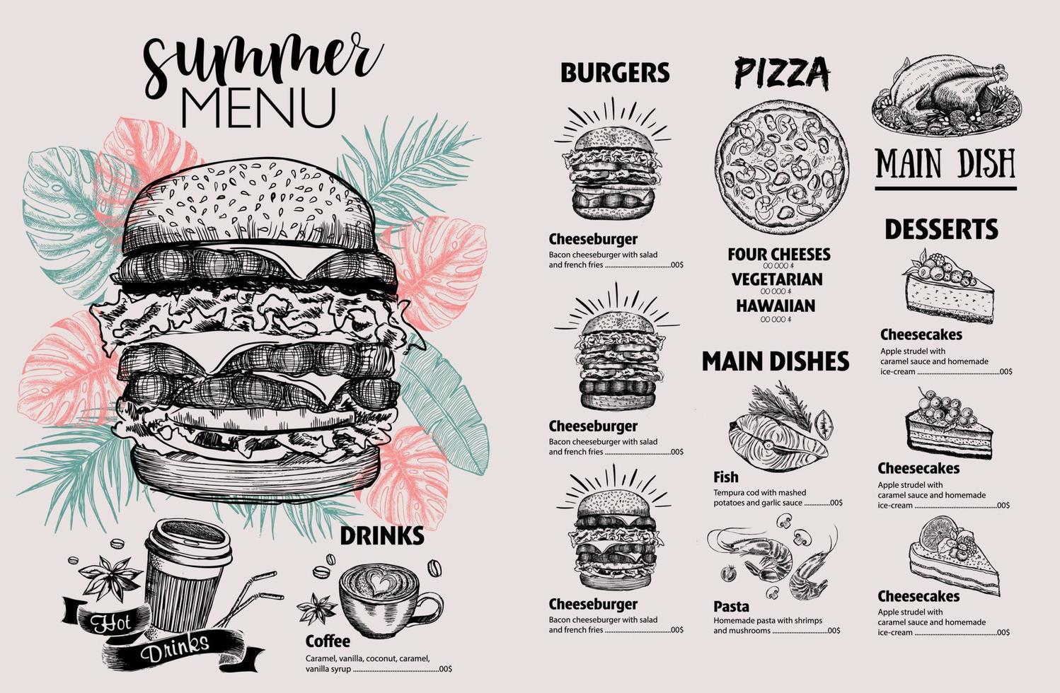 Summer menu. Restaurant food menu design, hand drawn illustrations. Vector food flyer.