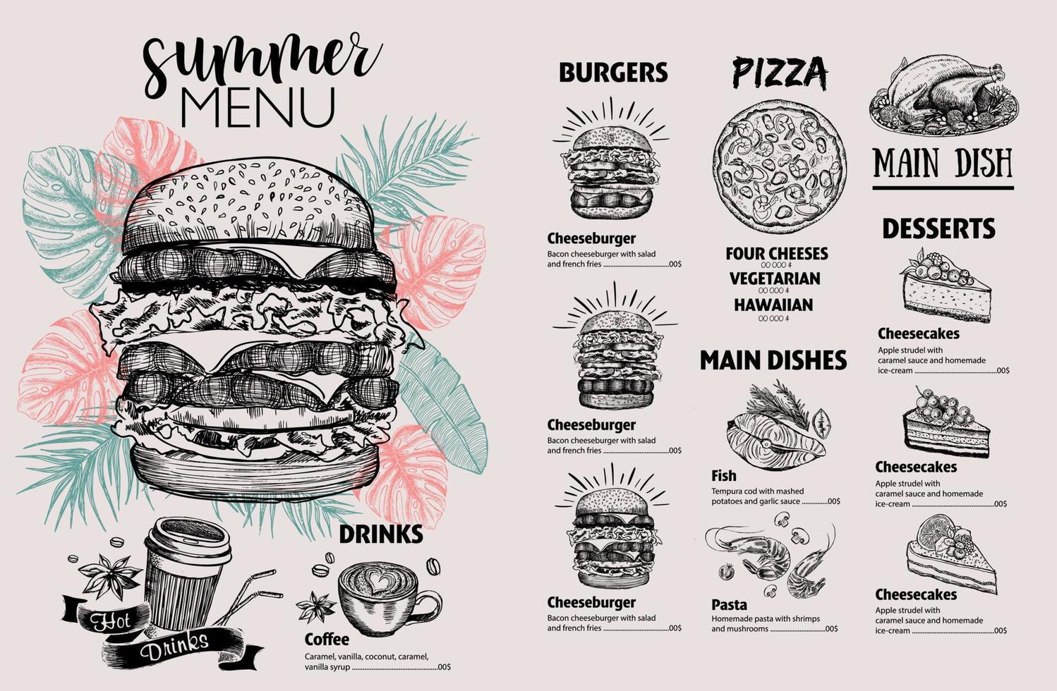 menú de verano. diseño de menú de comida de restaurante, ilustraciones dibujadas a mano. volante de comida vectorial. vector