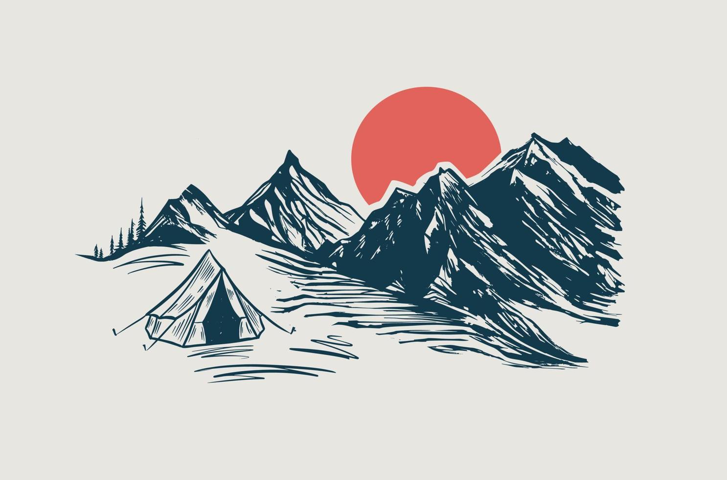 camping, paisaje montañoso, estilo boceto, ilustraciones vectoriales. vector