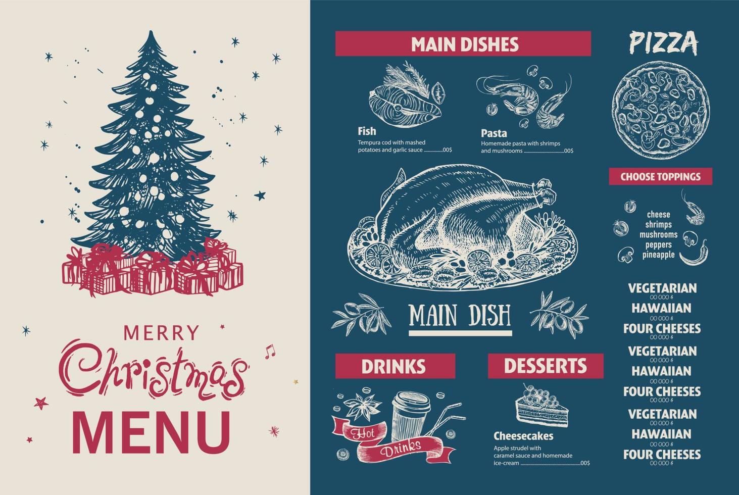 Christmas menu, template, Hand drawn illustration. vector