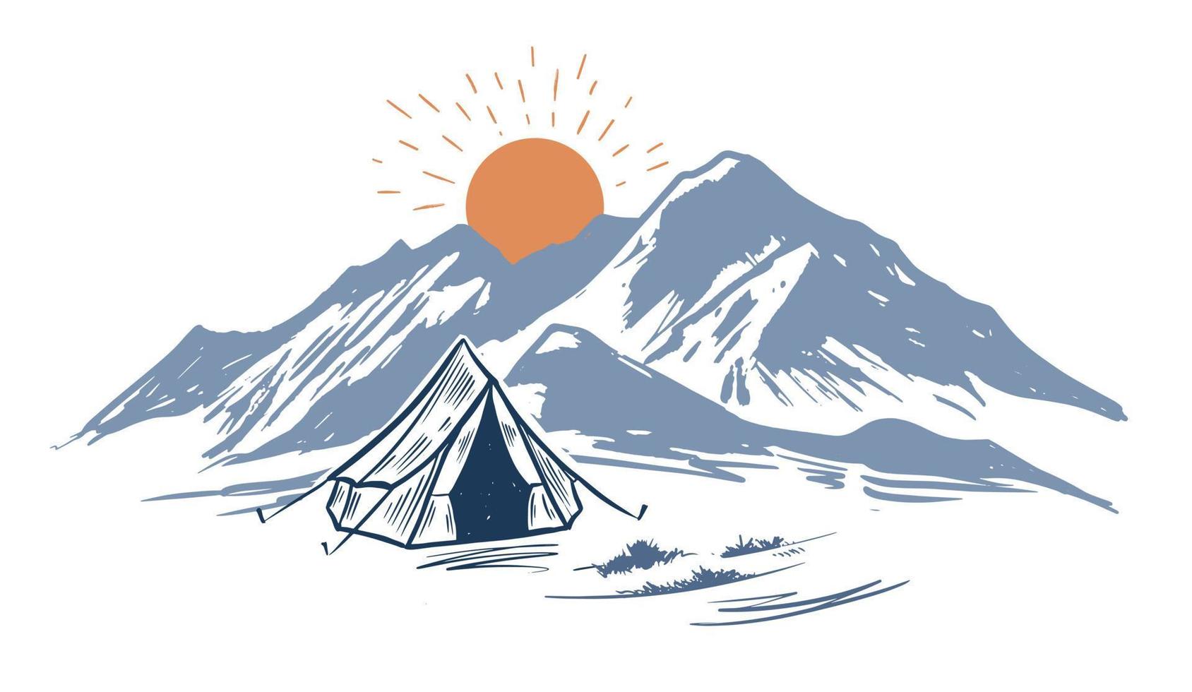 Camping in nature, mountains, hand drawn illustrations vector