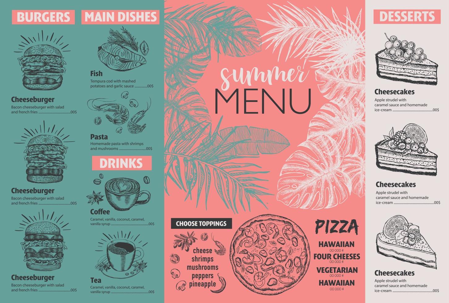 Summer menu. Restaurant food menu design, hand drawn illustrations. Vector food flyer.