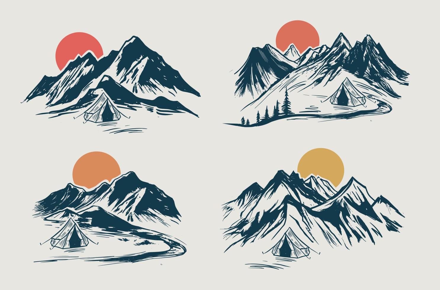 Camping, Mountain landscape, sketch style, vector illustrations