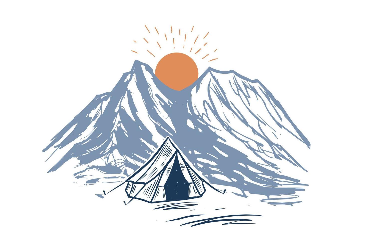 Camping in nature, mountains, hand drawn illustrations vector