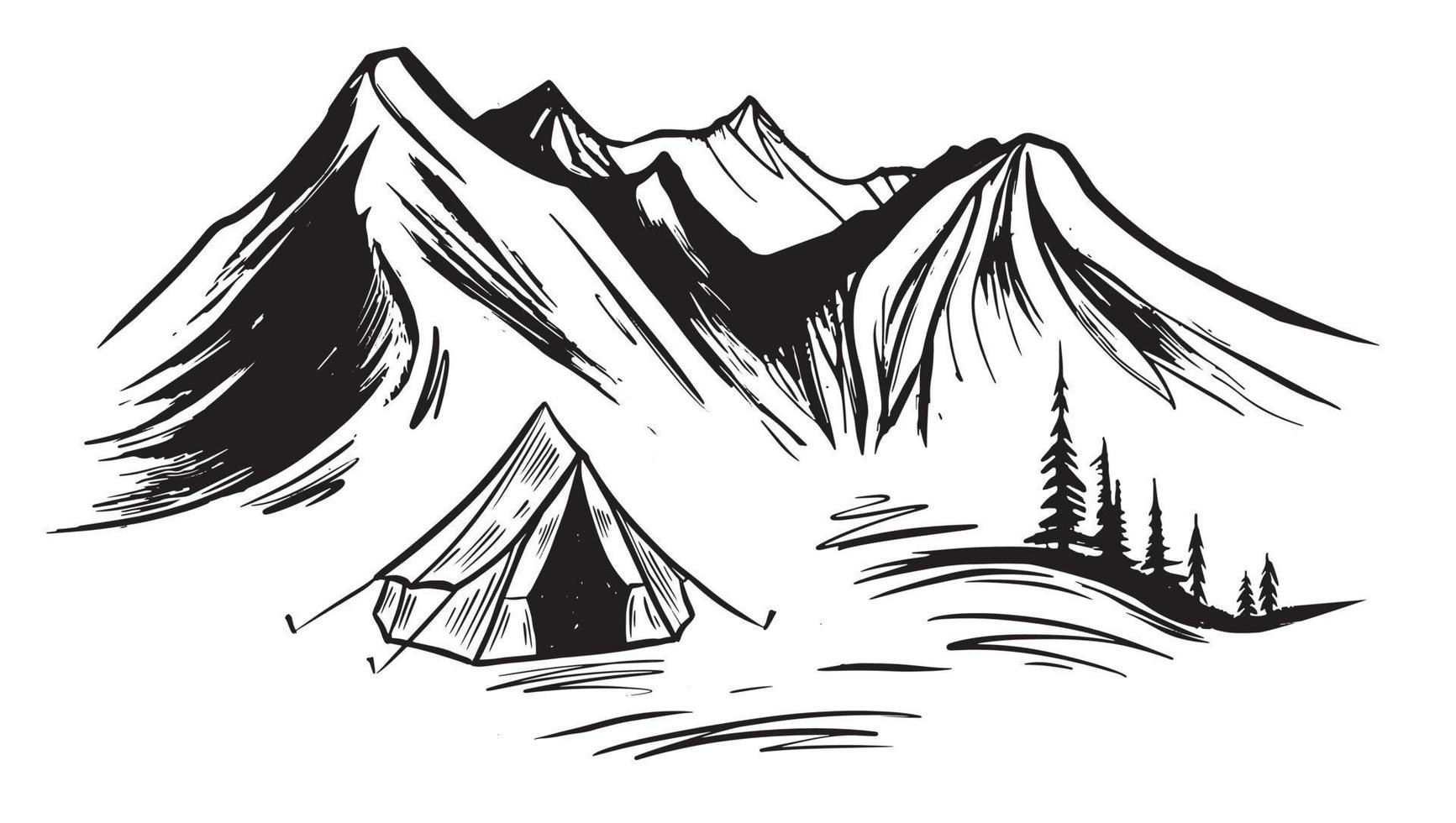 Camping in nature, mountains, hand drawn illustrations vector