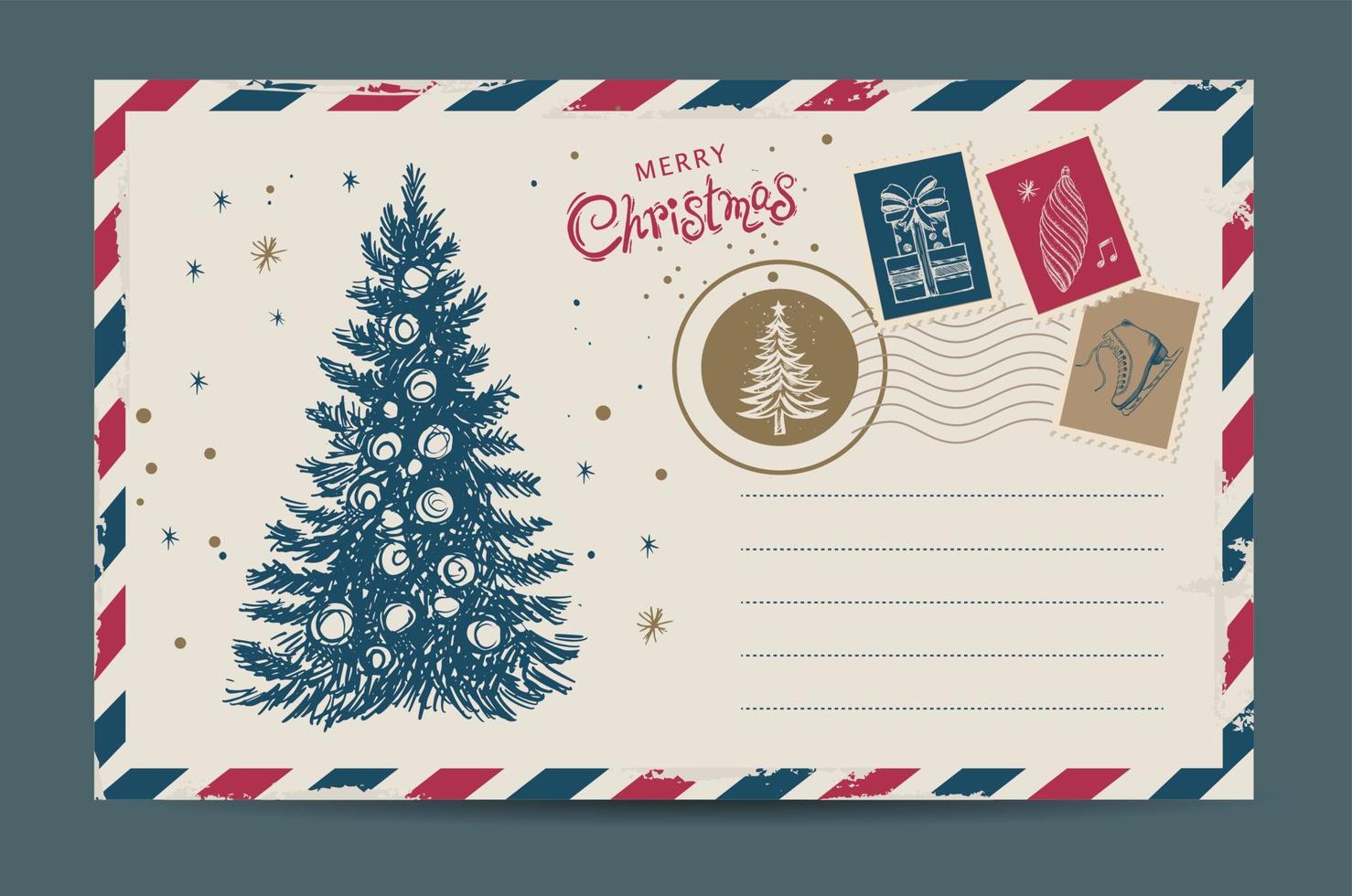 correo de navidad, postal, ilustración dibujada a mano. vector