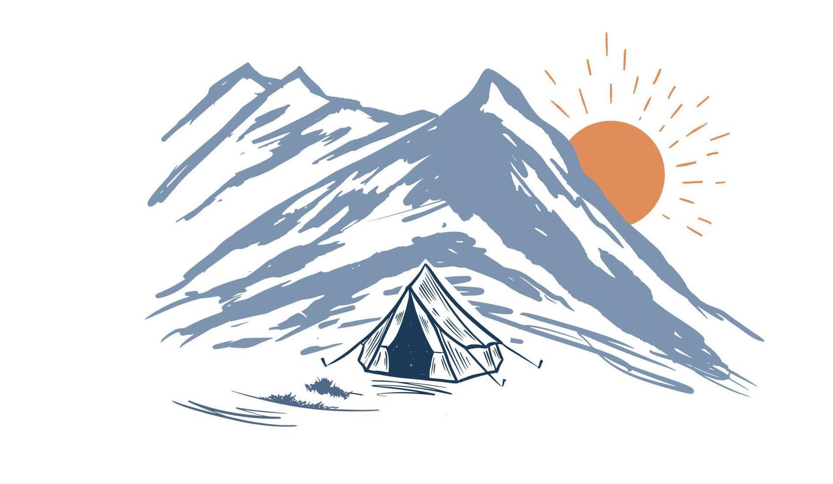 Camping in nature, mountains, hand drawn illustrations vector