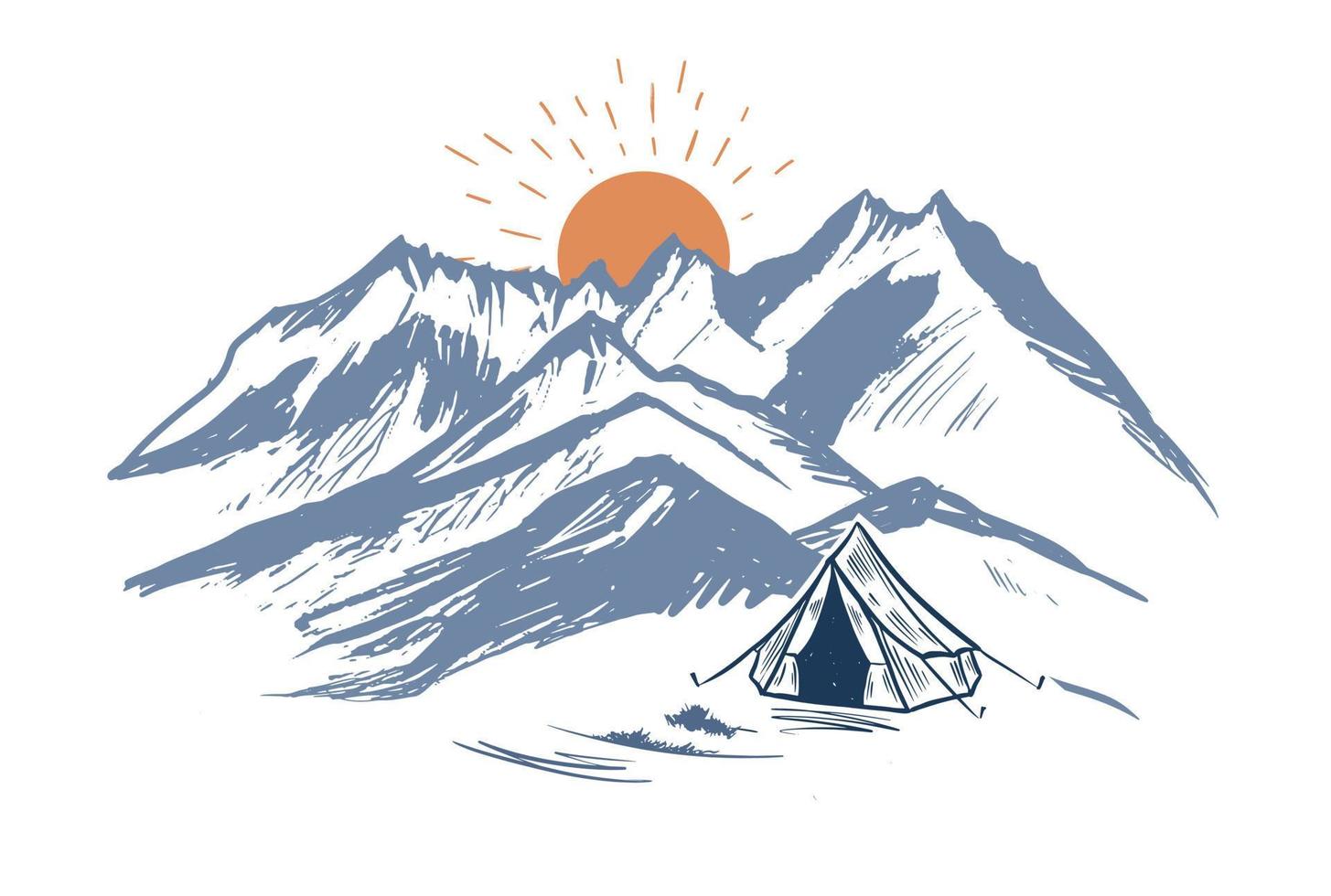 camping en la naturaleza, montañas, ilustraciones dibujadas a mano vector