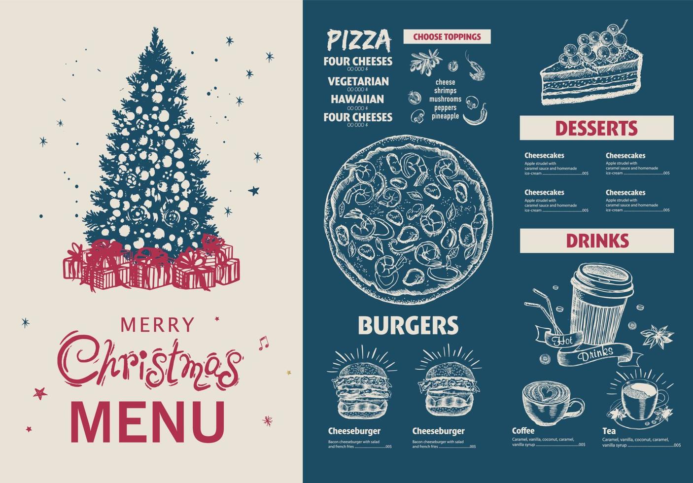 Christmas menu, template, Hand drawn illustration. vector