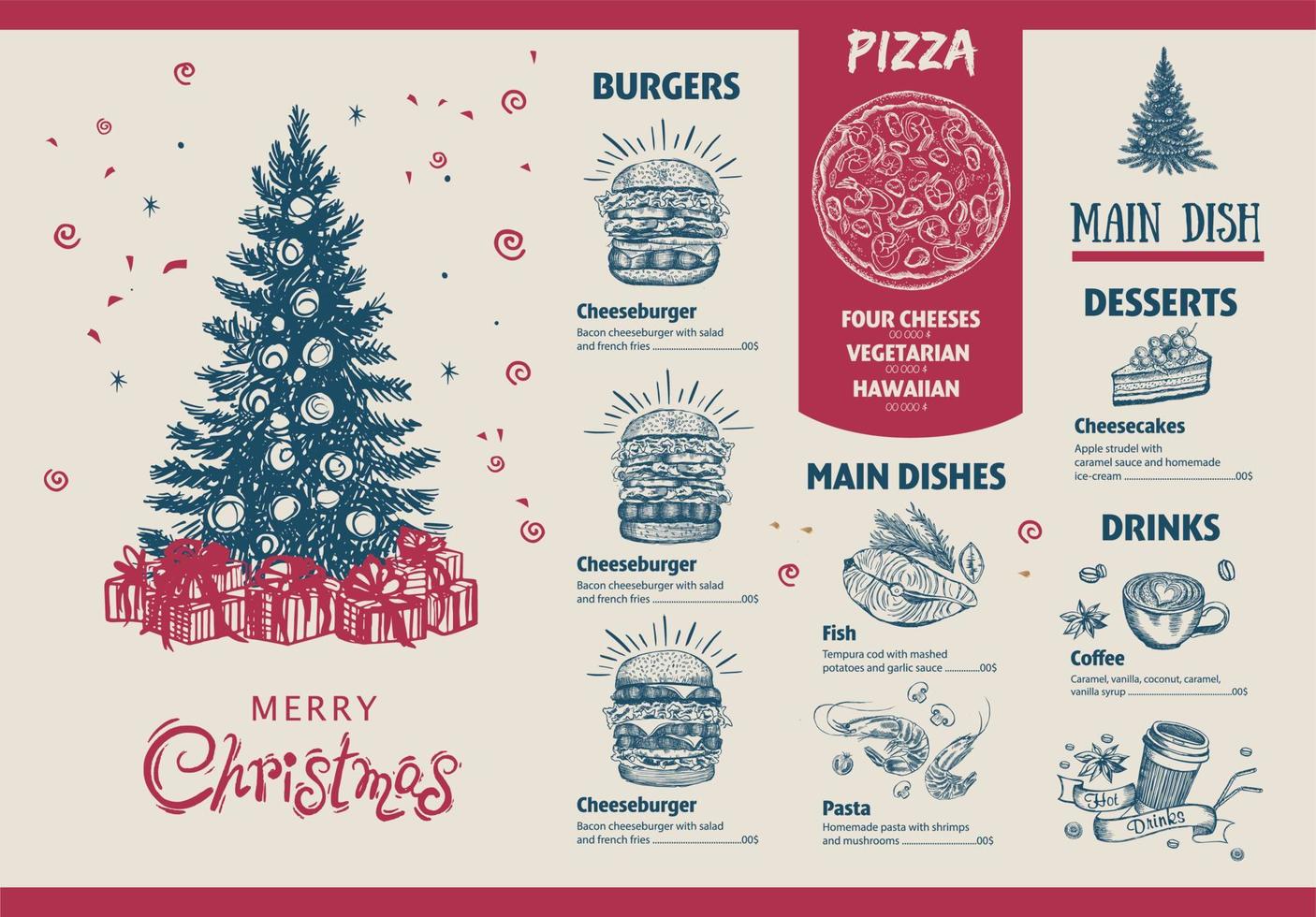 Christmas menu, template, Hand drawn illustration. vector