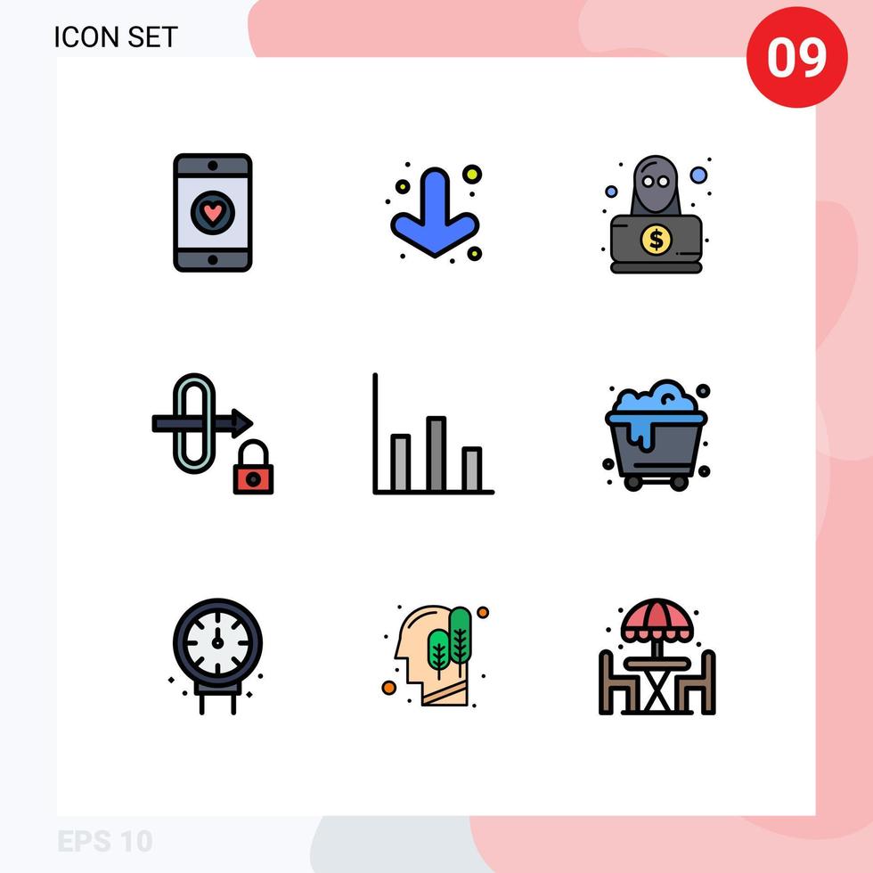 9 User Interface Filledline Flat Color Pack of modern Signs and Symbols of trash moderate spy graphic security Editable Vector Design Elements