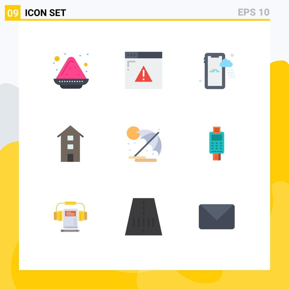 Mobile Interface Flat Color Set of 9 Pictograms of sun store mobile shops house Editable Vector Design Elements