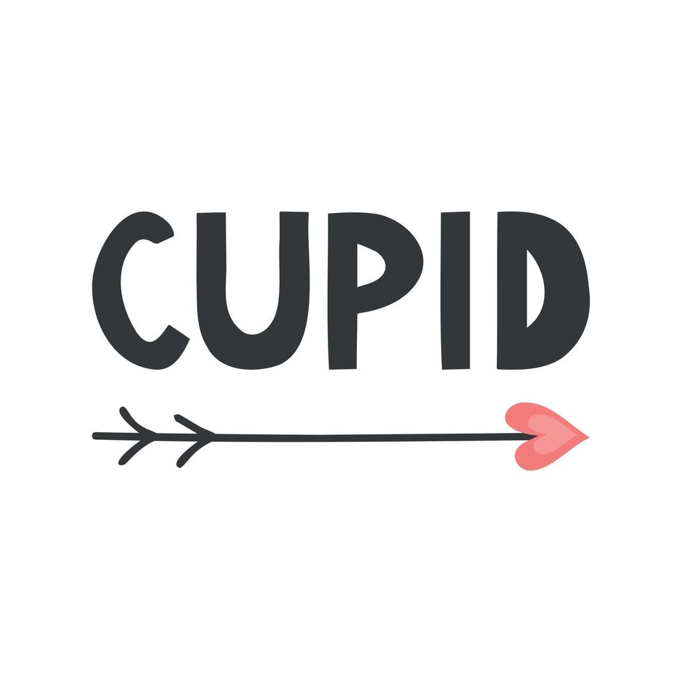 Cute vector lettering, love clipart. Cupid with arrow. Hand drawn doodle illustration.