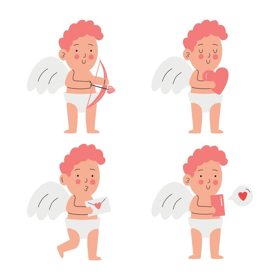 Funny cupid, little angels or god eros. Cute Greece kids with bow, heart hunters romantic vector characters