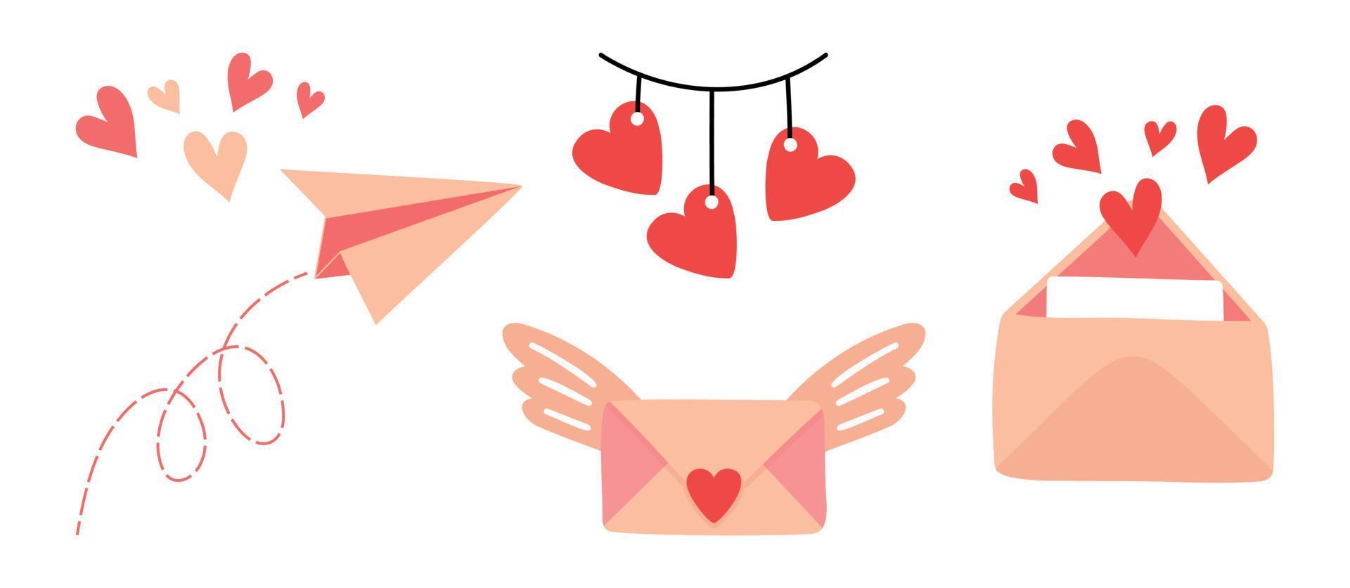 Set of vector illustrations of love messages for Valentine's Day. Flying paper airplane, cute letter with wings, envelope with hearts open. Valentine's Day gift and element for logo, game, print, post