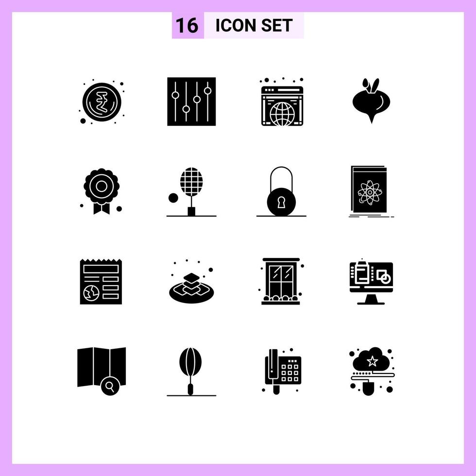 16 Universal Solid Glyph Signs Symbols of racket quality internet medal vegetable Editable Vector Design Elements