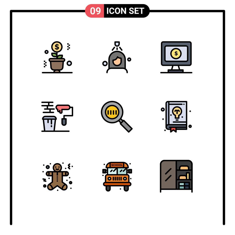 9 User Interface Filledline Flat Color Pack of modern Signs and Symbols of code roller cleaning painting brush Editable Vector Design Elements