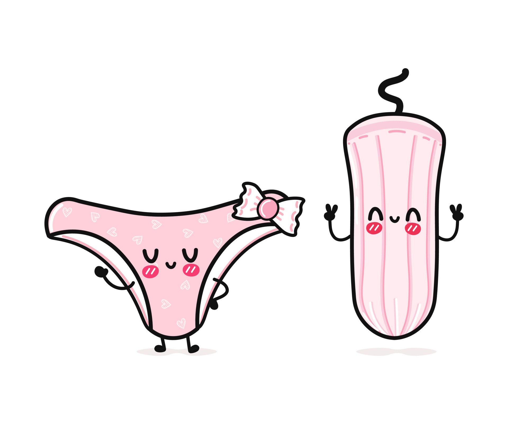 Cute, funny happy pink panties and tampon menstrual. Vector hand drawn  cartoon kawaii characters, illustration icon. Funny happy cartoon pink  panties and tampon menstrual mascot friends 17243438 Vector Art at Vecteezy